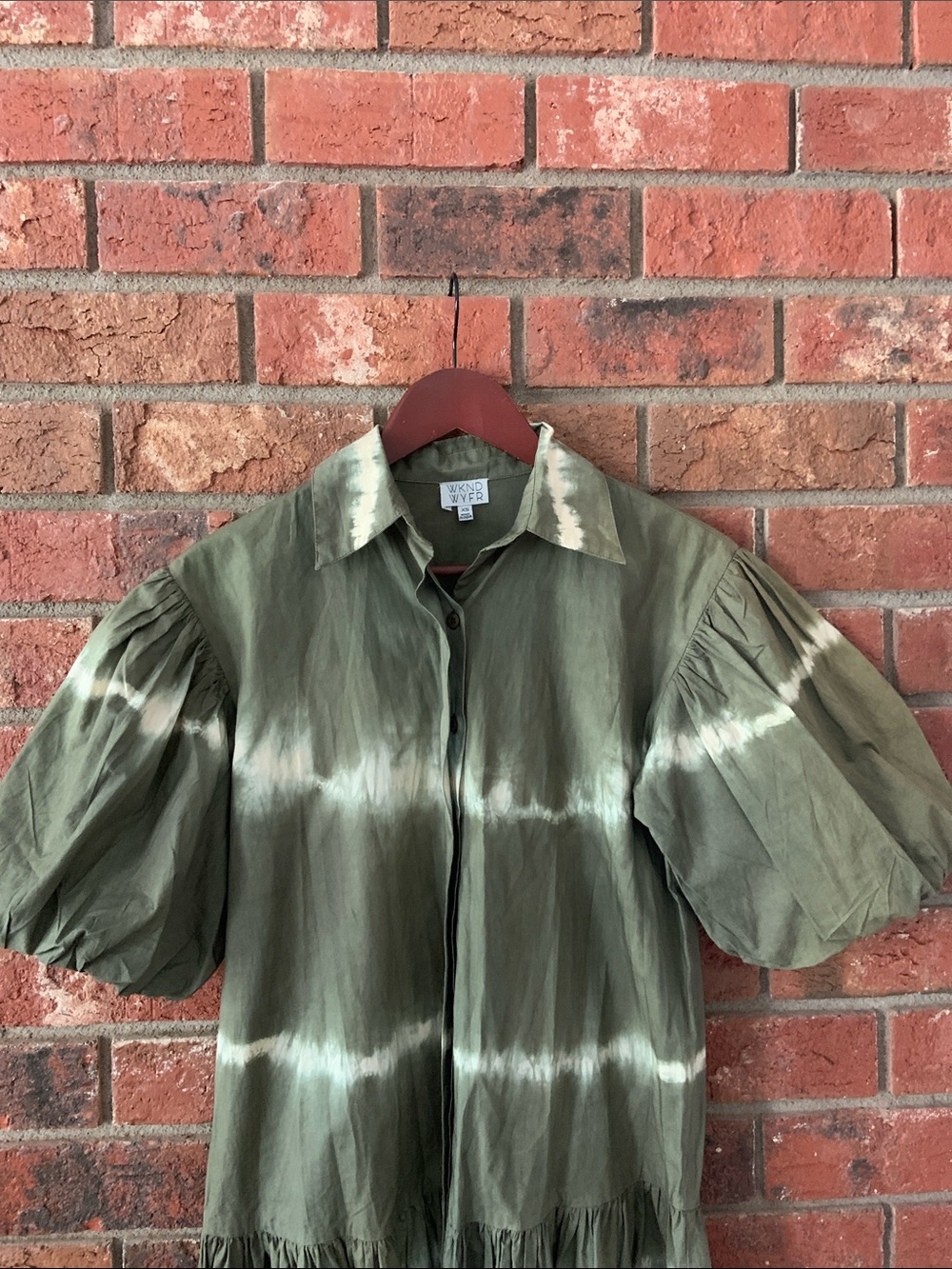 WKND WYFR Olive Green Frock It Tie-Dye Puff Sleeve Shirt Dress - Picture 3 of 7